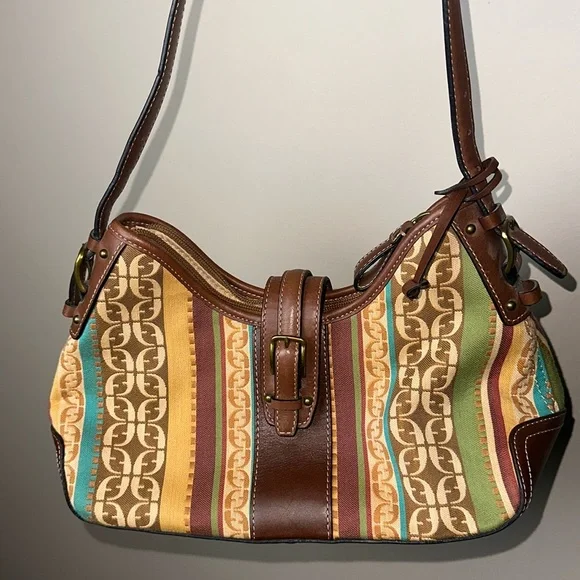 Fossil Shoulder Bag Brown Leather Monogram and Striped Canvas - Picture 2 of 15